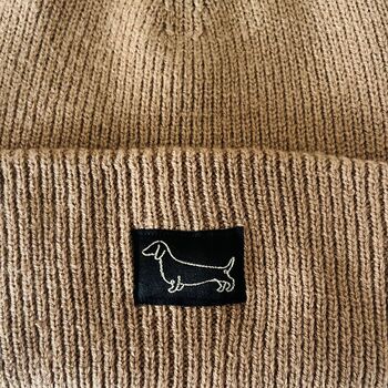 Deep Cuff Tan Beanie With Embroidered Dachshund, 2 of 4