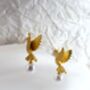 Golden Dove Pearl Earrings 16k Gold Plated Studs With Real Freshwater Pearls, Symbol Of Love And Peace, Wedding Gift For Her, thumbnail 5 of 9