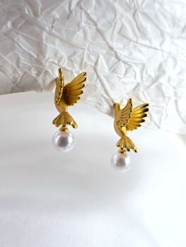 Golden Dove Pearl Earrings 16k Gold Plated Studs With Real Freshwater Pearls, Symbol Of Love And Peace, Wedding Gift For Her, 5 of 9
