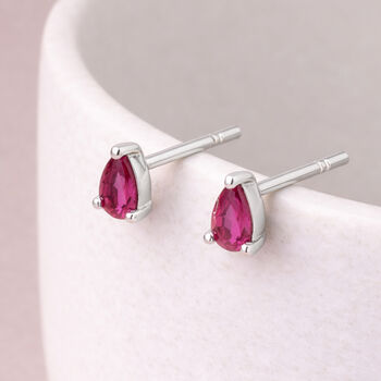 Small Sterling Silver Pear Cut Teardrop Pink Ruby Stud Earrings, 2 of 4