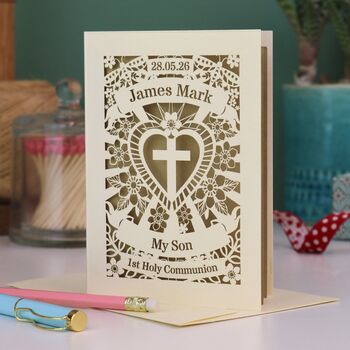 Personalised Papercut First Holy Communion Card My/Our Son, 2 of 5