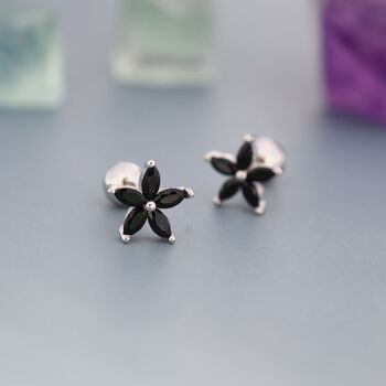 Sterling Silver Black Cz Flower Barbell Earrings, 4 of 12
