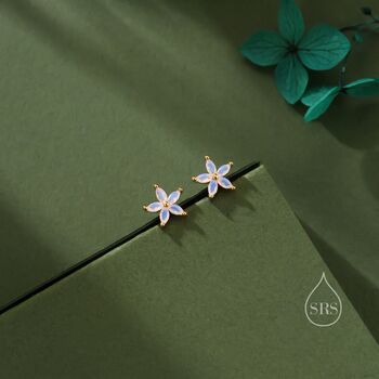 Opal Blue Or Opal Pink Cz Flower Stud Earrings, 2 of 12