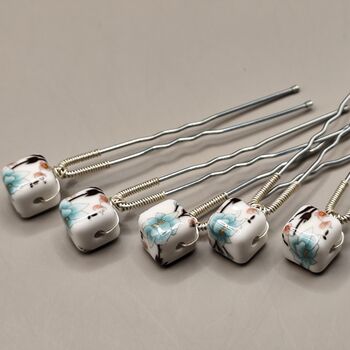 Set Of Five Ceramic Floral Wedding Hair Pins, 8 of 12