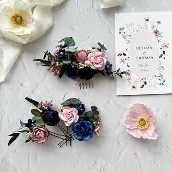 Navy And Dusty Pink Floral Hair Comb, 3 of 9