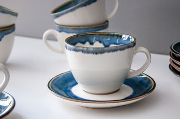 Blue Set Of Six Handmade Porcelain Tea Cup With Saucer, 9 of 10