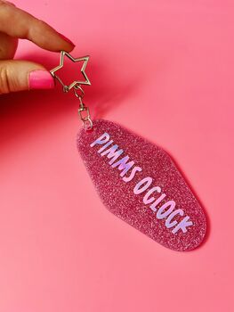 The 'Pimms O'clock' Sparkly Motel Keyring / Summer Drinks Gift / Garden Party Accessories / Fun Quote Keychain, 7 of 7