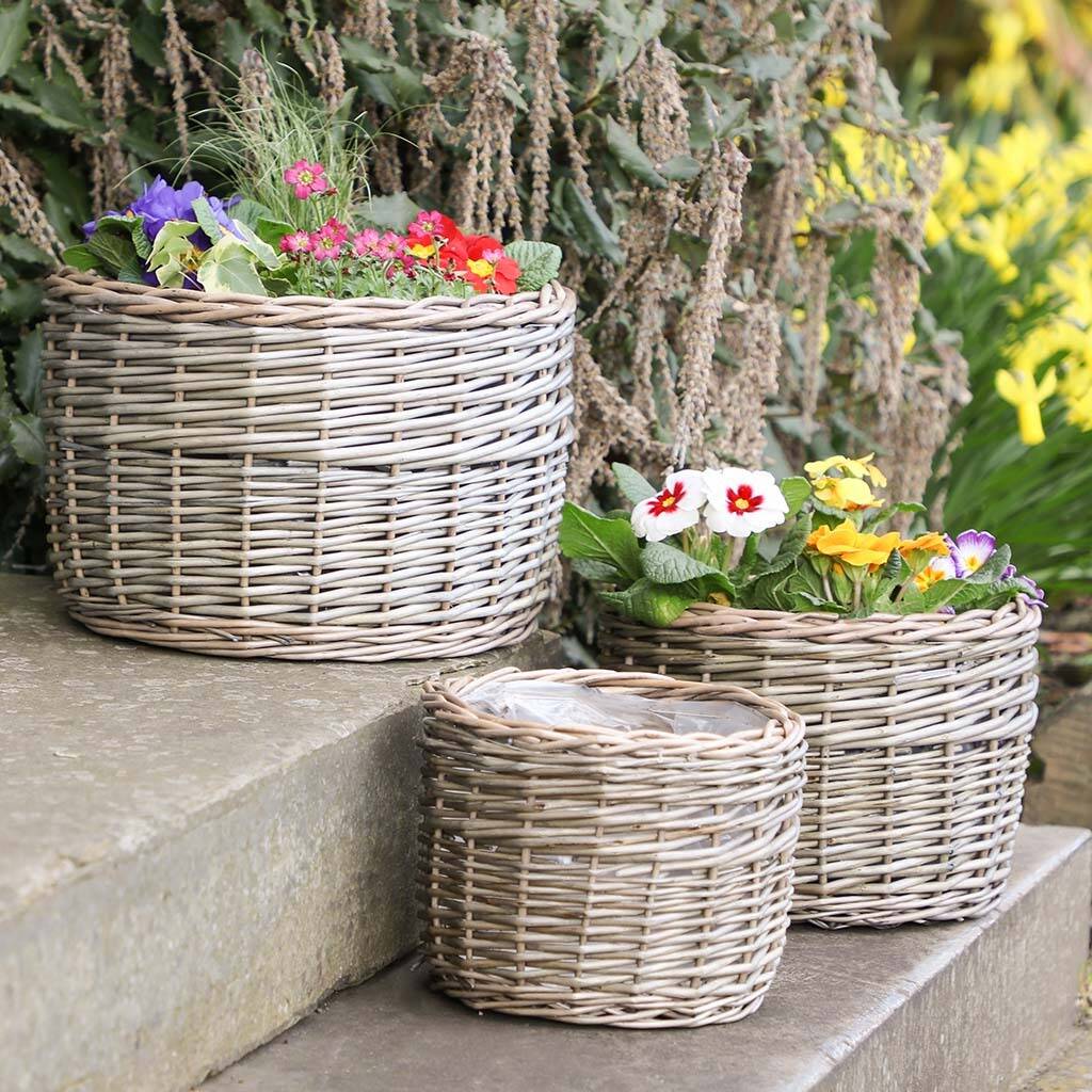 set of three round woven wicker planters by dibor