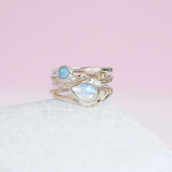 Molten Sterling Silver Moonstone And Blue Opal Ring, 3 of 8