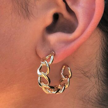 Gold Plated Figaro Chain Hoop Earring, 4 of 5