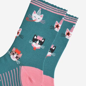 Women's Bamboo Socks Green Pink Party Cats, 3 of 5