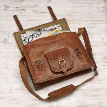 Personalised Vintage Style Leather Laptop Satchel Bag, 5 of 9