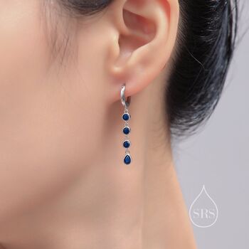 Sterling Silver Sapphire Blue Cz Dangle Chain Huggie Hoop Earrings, 6 of 12