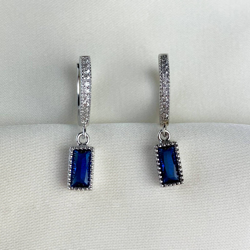 Sterling Silver Blue Crystal Drop Hoop Earrings, 1 of 4