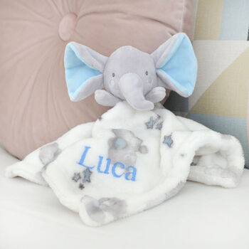 Personalised Blue Ears Elephant Comforter Blanket Set, 2 of 7