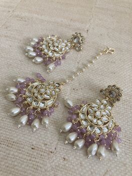 Purple Gold Plated Kundan Earrings And Tikka Set, 5 of 7