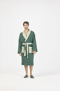 Dark Green Two Tone Unisex Waffle Bathrobe, 4 of 6