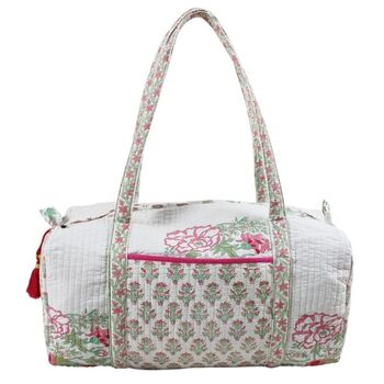 Block Printed Pink And Mint Floral Bird Quilted Duffle Bag, 6 of 9