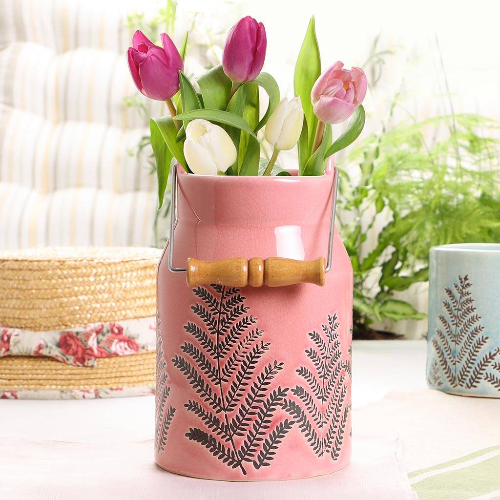 Spring Fern Pink Ceramic Milk Churn Vase Easter Gift, 1 of 10