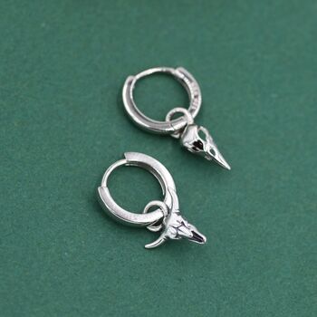 Sterling Silver Mismatched Bull Skull And Bird Skull Hoop Earrings, 7 of 12