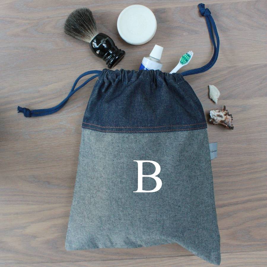 Monogram Men's Denim Drawstring Wash Bag By Love Lammie & Co