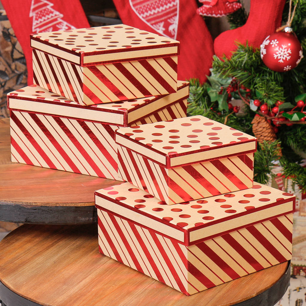 Set Of Four Metallic Red Spots And Stripe Gift Boxes By Dibor