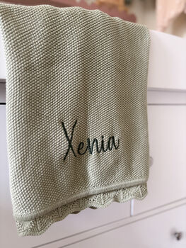 Personalised Knitted Baby Blanket Sage Green, 2 of 9