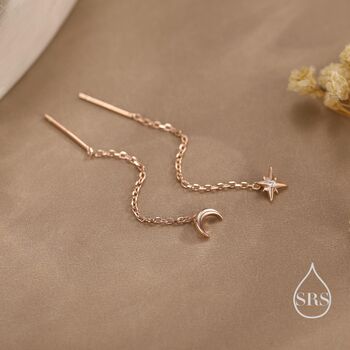 Sterling Silver Extra Tiny Cz Starburst And Moon Threader Earrings, 4 of 12