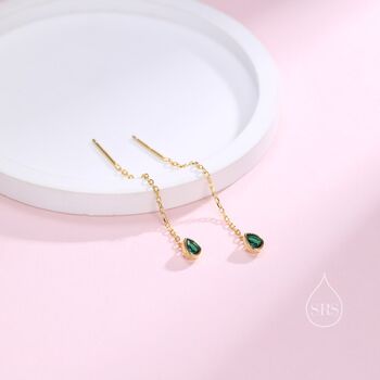 Tiny Emerald Green Droplet Bezel Cz Threader Earrings, 4 of 10