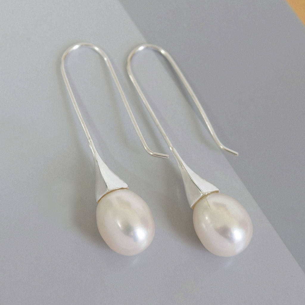Sterling Silver Pearl Drop Earrings By Mia Belle Sterling Silver Pearl Drop Earrings
