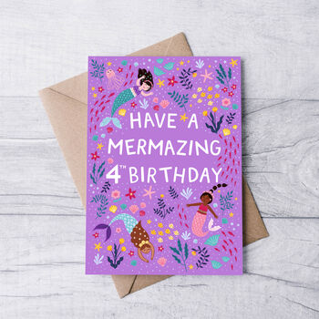 Mermaid Birthday Card, Girls 4th Birthday Card, 2 of 3