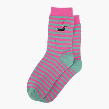 Striped Embroidered Sausage Dogs Ankle Socks Women's Pink Green, 2 of 3