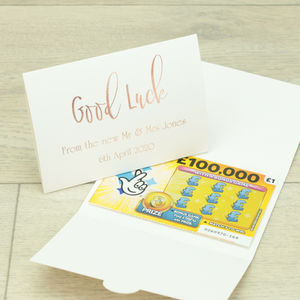 10 Personalised Wedding Favour/Engagement lottery ticket/ £1 Scratch Card holder 