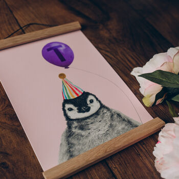 Baby Penguin With Balloon Personalised Children's Print, 2 of 7