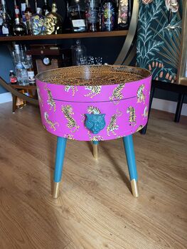 Pink Tiger Round Wooden Side Table With Drawer, 5 of 7