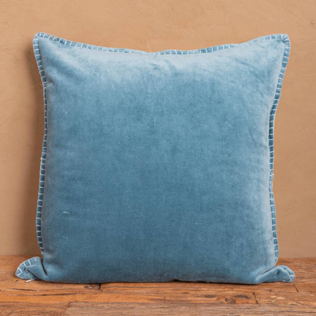 Blue Cotton Velvet Cushion Cover With Feston Stitch, 1 of 5