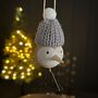Wooden Bird In Grey Pompom Hat Hanging Decoration, thumbnail 2 of 2
