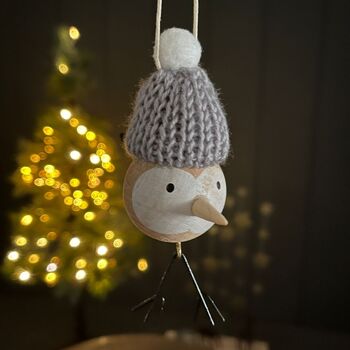 Wooden Bird In Grey Pompom Hat Hanging Decoration, 2 of 2