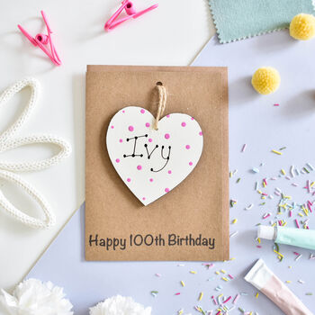 Personalised 100th Birthday Card Wooden Heart Keepsake, 2 of 3