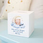 Personalised Sleeping Teddy Blue Wooden Money Box, thumbnail 2 of 3