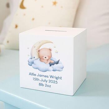 Personalised Sleeping Teddy Blue Wooden Money Box, 2 of 3
