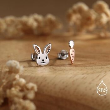Mismatched Rabbit And Carrot Stud Earrings In Sterling Silver With Partial Rose Gold, 4 of 12
