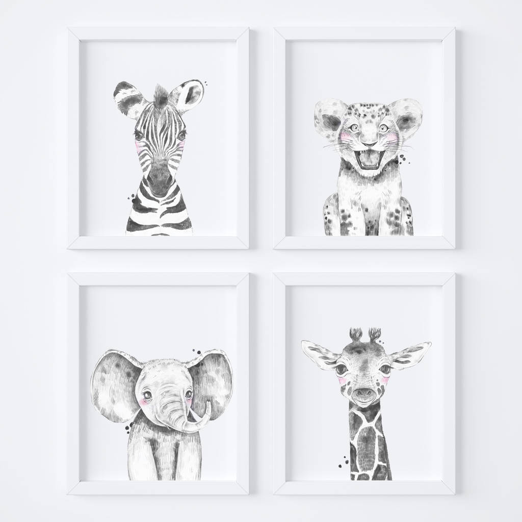 Monochrome Safari Animal Nursery Art Print Set By Betty Bramble |  