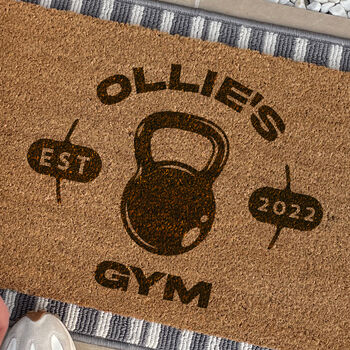 Personalised Home Gym Doormat Kettlebell Dumbbell Gift For His Or Her Garage Yoga Fitness, 2 of 2