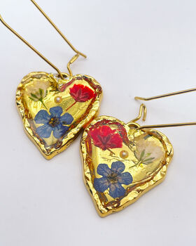 Real Blue Red Flowers Pendant Gold Leaf Earrings Hand Made, 2 of 9