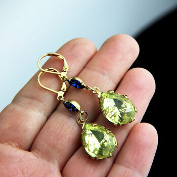 Statement Lime Green And Blue Rhinestone Drop Earrings, 3 of 7
