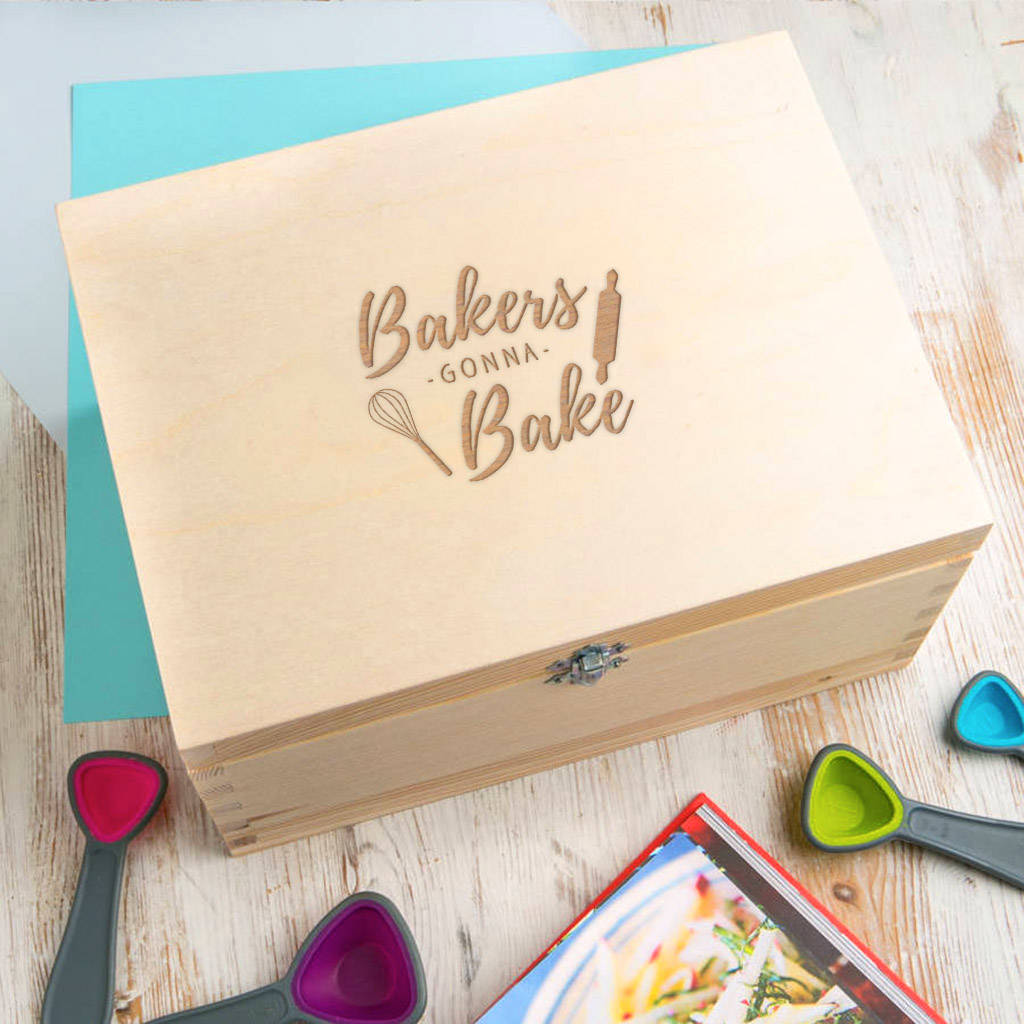 Engraved 'Bakers Gonna Bake' Wooden Recipe Box, 1 of 5