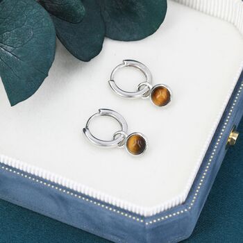 Sterling Silver Dangling Tiger's Eye Hoop Earrings, 6 of 12