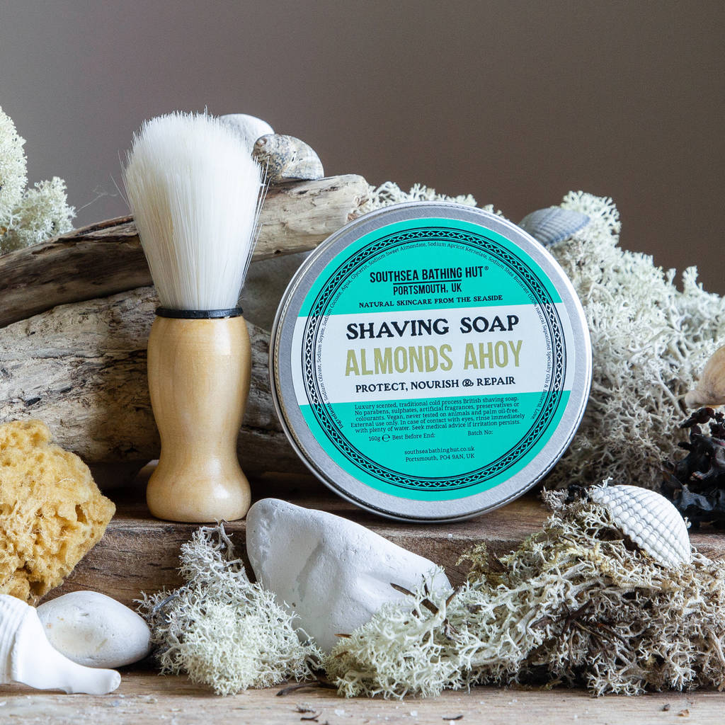 almond shaving soap with brush by southsea bathing hut