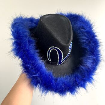 Personalised Black Cowboy Hat With Blue Faux Fur Trim, 3 of 4